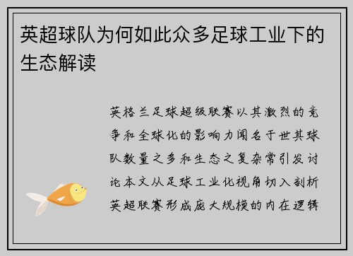 英超球队为何如此众多足球工业下的生态解读